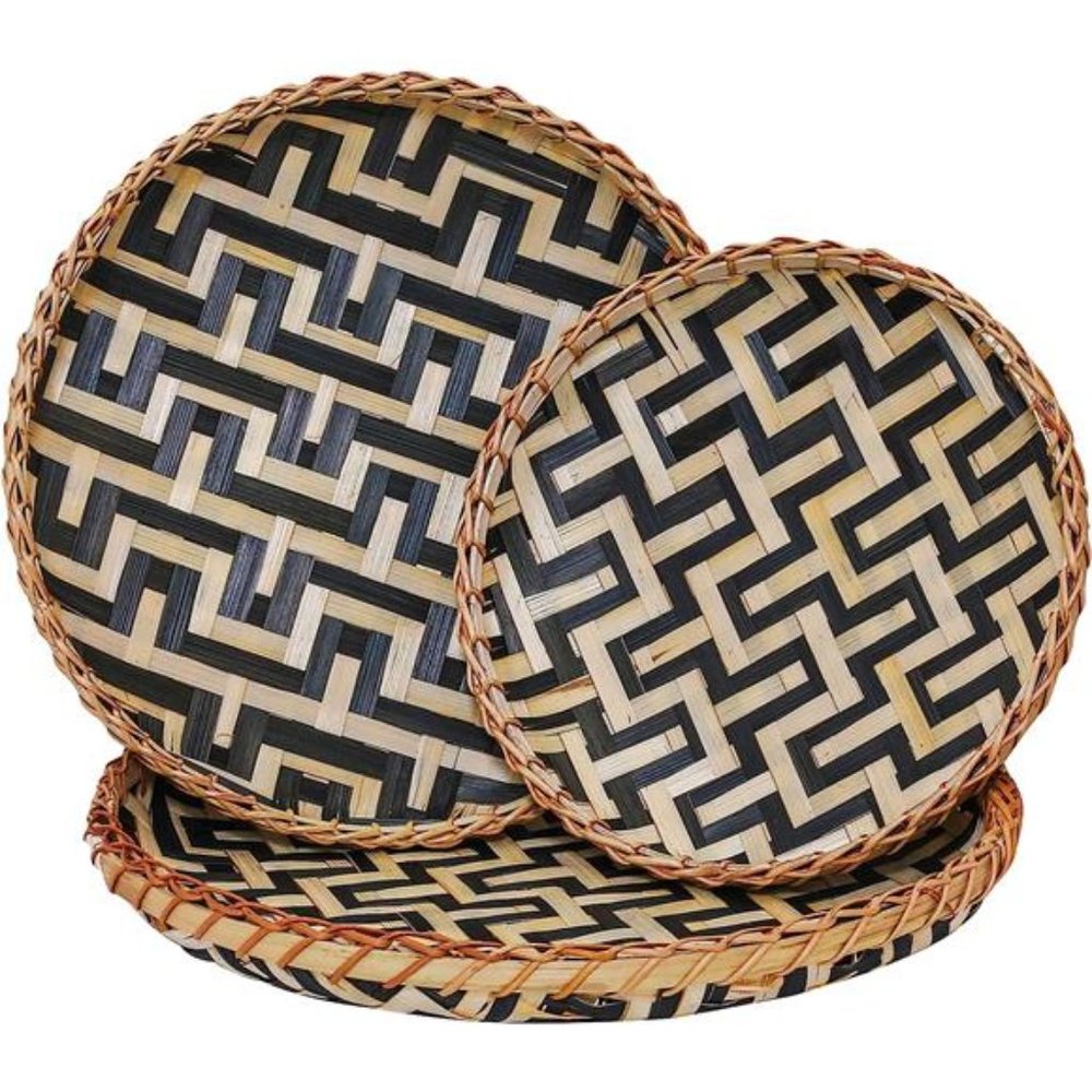 Bamboo Woven Wall Baskets Decor Boho Flat Set 3 Shallow Basket for Organizing